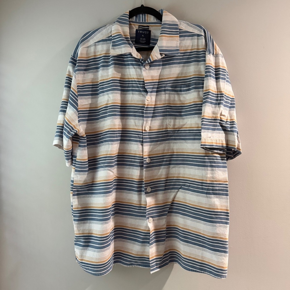 TRUST Button Down Shirt Mens XL Blue Striped Linen Blend Short Sleeve Excellent